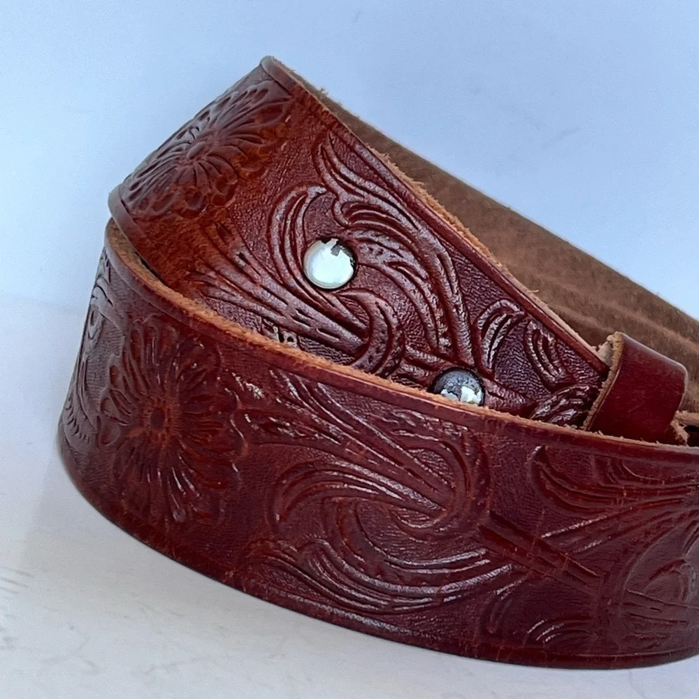 Vintage Brown Leather Tooled Western Belt Cowboy Cowgirl Unisex Boho Festival